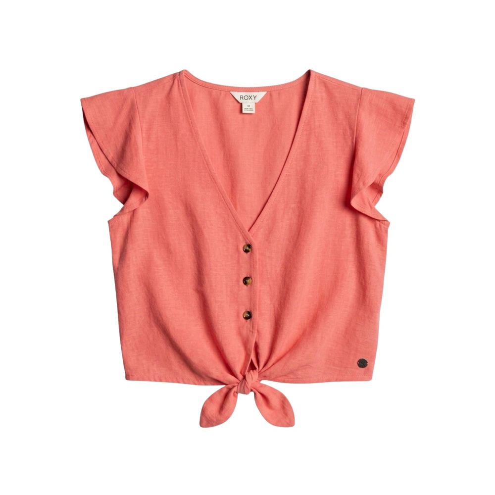 Roxy Coral Pink Flutter Sleeve Button Front‎ Tie Hem Crop Top XS